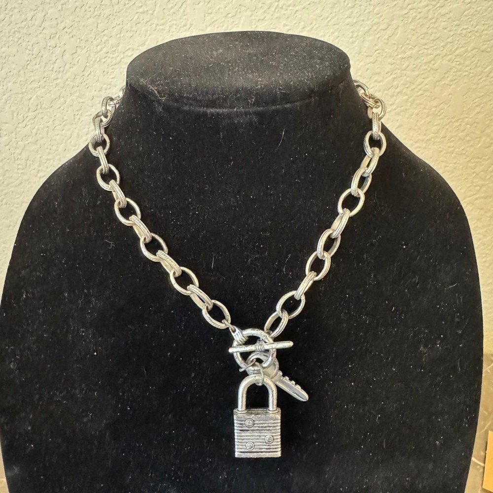 Womens Silver Tone Chunky Chain Padlock Key Toggle Necklace Industrial Grunge